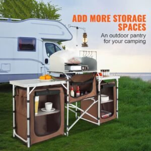 camping kitchen table, folding outdoor cooking table with storage carrying bag, aluminum cook station 3 cupboard & detachable windscreen, quick set up for picnics, bbq, rv traveling, brown