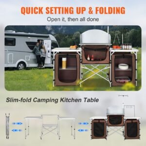 camping kitchen table, folding outdoor cooking table with storage carrying bag, aluminum cook station 3 cupboard & detachable windscreen, quick set up for picnics, bbq, rv traveling, brown