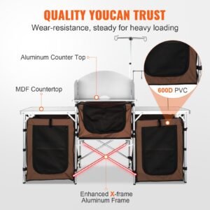 camping kitchen table, folding outdoor cooking table with storage carrying bag, aluminum cook station 3 cupboard & detachable windscreen, quick set up for picnics, bbq, rv traveling, brown