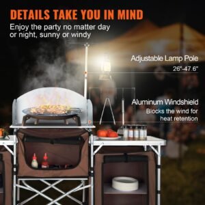 camping kitchen table, folding outdoor cooking table with storage carrying bag, aluminum cook station 3 cupboard & detachable windscreen, quick set up for picnics, bbq, rv traveling, brown