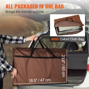 camping kitchen table, folding outdoor cooking table with storage carrying bag, aluminum cook station 3 cupboard & detachable windscreen, quick set up for picnics, bbq, rv traveling, brown