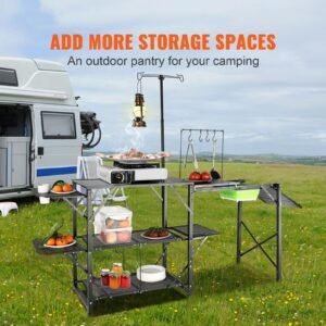 camping kitchen table, one piece folding portable cook station with a carrying bag, long aluminum camping table 3 side tables, 2 shelves & a detachable sink for outdoor picnics, bbqs, camping
