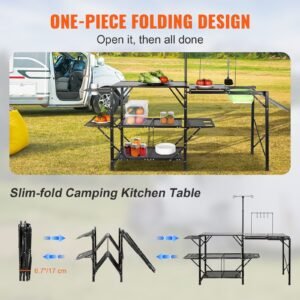 camping kitchen table, one piece folding portable cook station with a carrying bag, long aluminum camping table 3 side tables, 2 shelves & a detachable sink for outdoor picnics, bbqs, camping