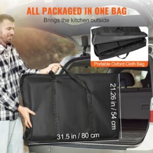 camping kitchen table, one piece folding portable cook station with a carrying bag, long aluminum camping table 3 side tables, 2 shelves & a detachable sink for outdoor picnics, bbqs, camping