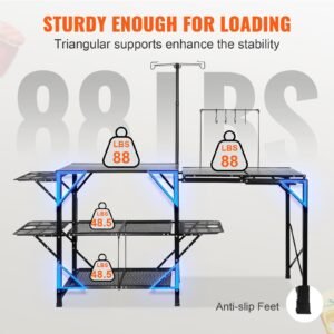 camping kitchen table, one piece folding portable cook station with a carrying bag, long aluminum camping table 3 side tables, 2 shelves & a detachable sink for outdoor picnics, bbqs, camping