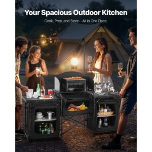camping kitchen table, outdoor camp cooking table, aluminum portable cook station with 3 storage cupboard, carrying bag, detachable windscreen, quick set up for bbq party picnic rv travel, black