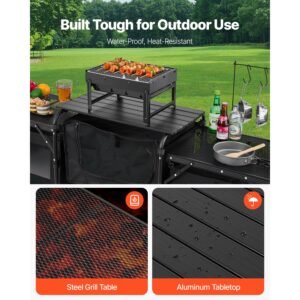 camping kitchen table, outdoor camp cooking table, aluminum portable cook station with 3 storage cupboard, carrying bag, detachable windscreen, quick set up for bbq party picnic rv travel, black