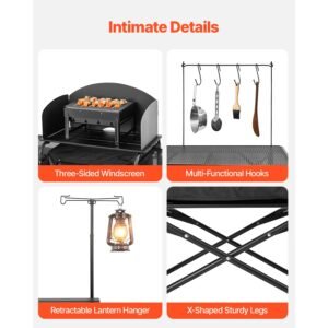 camping kitchen table, outdoor camp cooking table, aluminum portable cook station with 3 storage cupboard, carrying bag, detachable windscreen, quick set up for bbq party picnic rv travel, black