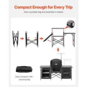 camping kitchen table, outdoor camp cooking table, aluminum portable cook station with 3 storage cupboard, carrying bag, detachable windscreen, quick set up for bbq party picnic rv travel, black