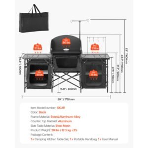 camping kitchen table, outdoor camp cooking table, aluminum portable cook station with 3 storage cupboard, carrying bag, detachable windscreen, quick set up for bbq party picnic rv travel, black