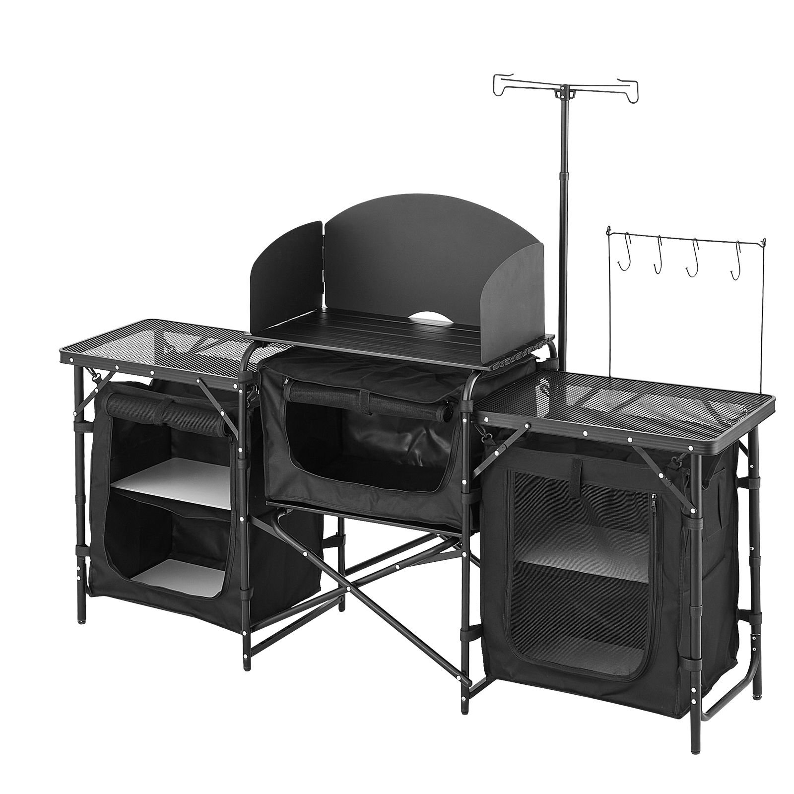 camping kitchen table, outdoor camp cooking table, aluminum portable cook station with 3 storage cupboard, carrying bag, detachable windscreen, quick set up for bbq party picnic rv travel, black