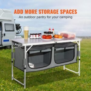 camping kitchen table, quick set up folding camping table with a carrying bag, 3 adjustable heights, mdf camping table, ideal for outdoor picnics, bbqs, camping, rv traveling