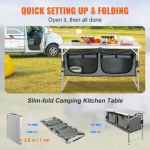 camping kitchen table, quick set up folding camping table with a carrying bag, 3 adjustable heights, mdf camping table, ideal for outdoor picnics, bbqs, camping, rv traveling