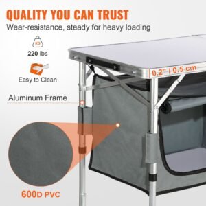 camping kitchen table, quick set up folding camping table with a carrying bag, 3 adjustable heights, mdf camping table, ideal for outdoor picnics, bbqs, camping, rv traveling