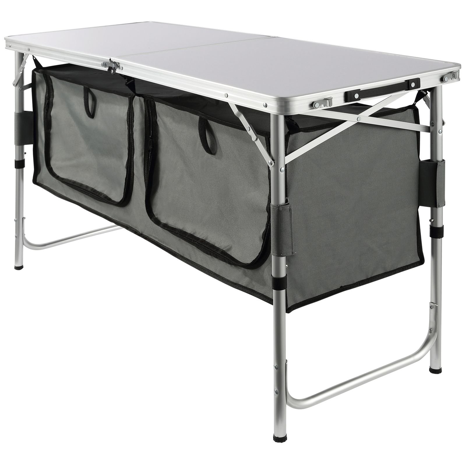 camping kitchen table, quick set up folding camping table with a carrying bag, 3 adjustable heights, mdf camping table, ideal for outdoor picnics, bbqs, camping, rv traveling