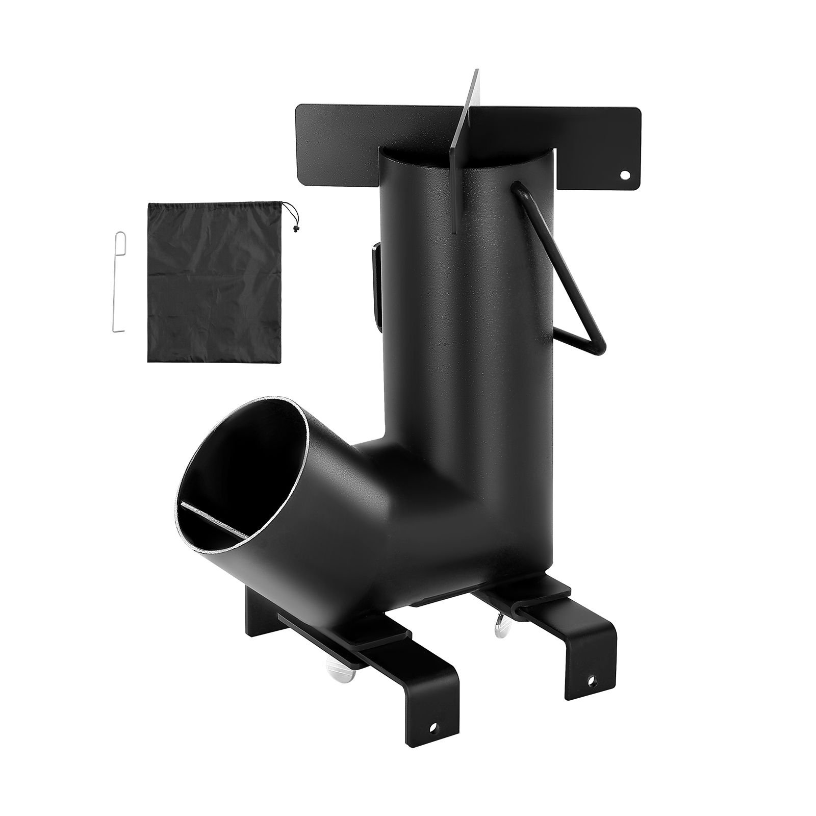 camping rocket stove, wood burning portable rocket stove with carrying bag for backpacking, carbon steel, burn wood, twigs or sticks for outdoor cooking, backyard, camp cooking, heating, black