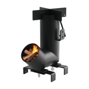 camping rocket stove, wood burning portable rocket stove with carrying bag for backpacking, carbon steel, burn wood, twigs or sticks for outdoor cooking, backyard, camp cooking, heating, black