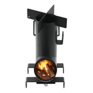 camping rocket stove, wood burning portable rocket stove with carrying bag for backpacking, carbon steel, burn wood, twigs or sticks for outdoor cooking, backyard, camp cooking, heating, black