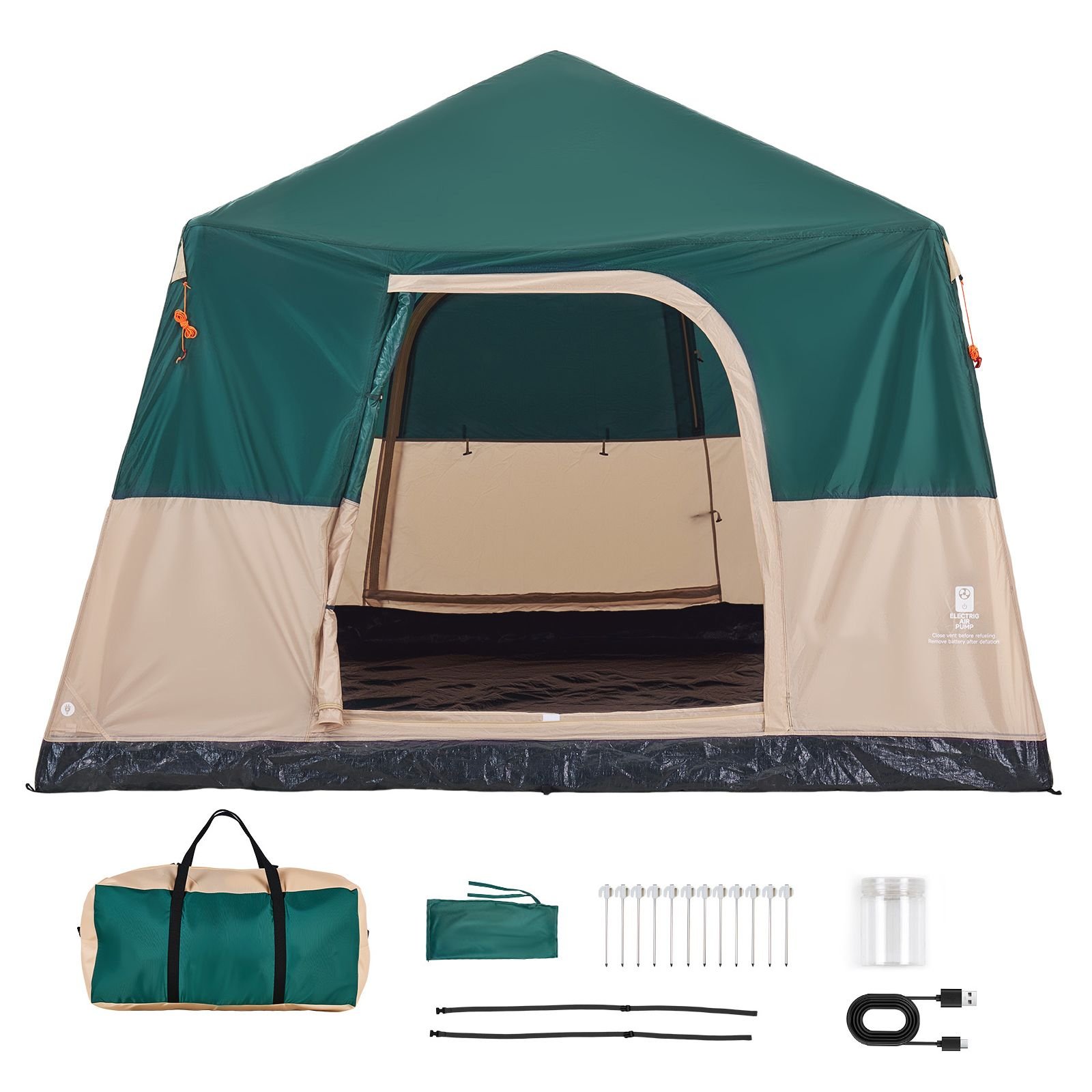 camping tent, 6 person inflatable cabin tent with rechargeable pump, tpu air tube & 4 large mesh windows, portable easy setup waterproof with carry bag for family outdoor camping & hiking, green