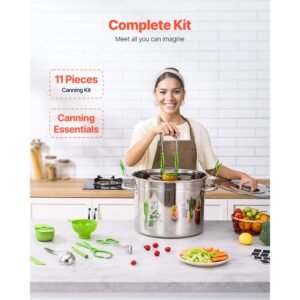 canning supplies starter kit, 11 pieces stainless steel water bath canning kit for beginners, canning tools set: pot, rack, lid, ladle, funnel, tongs, jar lifter, wrench, measuring cup