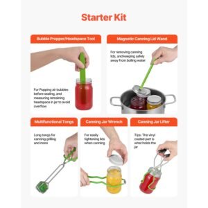 canning supplies starter kit, 11 pieces stainless steel water bath canning kit for beginners, canning tools set: pot, rack, lid, ladle, funnel, tongs, jar lifter, wrench, measuring cup