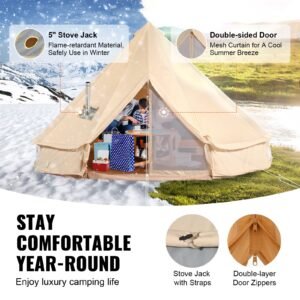 canvas bell tent, 4 seasons 3 m/9.8ft yurt tent, canvas tent for camping with stove jack, breathable tent holds up to 4 people, family camping outdoor hunting party