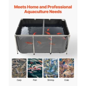 canvas fish pond, 270 gal above ground fish pond, pvc koi tank with clear viewing panel, rectangular goldfish tank with stainless steel frame & drain valve, for breeding koi, irrigation(black)