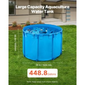 canvas fish pond, 448.8 gal capacity above ground fish pond, foldable pvc koi tank, round goldfish tank with stable frame and drain valve, for aquaculture, koi breeding, and irrigation (blue)