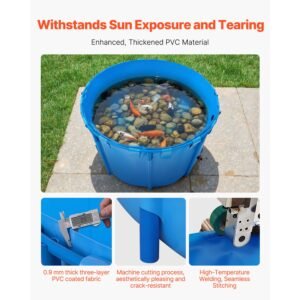 canvas fish pond, 448.8 gal capacity above ground fish pond, foldable pvc koi tank, round goldfish tank with stable frame and drain valve, for aquaculture, koi breeding, and irrigation (blue)