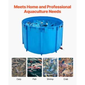 canvas fish pond, 448.8 gal capacity above ground fish pond, foldable pvc koi tank, round goldfish tank with stable frame and drain valve, for aquaculture, koi breeding, and irrigation (blue)