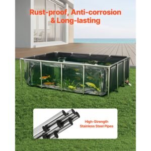 canvas fish pond, 470 gal above ground fish pond, pvc koi tank with clear viewing panel, rectangular goldfish tank with stainless steel frame & drain valve, for breeding koi, irrigation(black)
