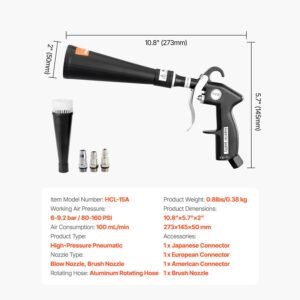 car cleaning gun, 6 9.2 bar high pressure air blow gun with 2 set nozzles, 360° rotating nozzle for complete cleaning, quickly blasts dirt and dust from surface, work with 1/4 npt air compressor