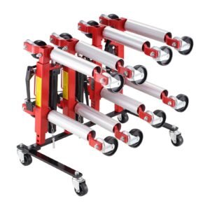 car dolly rack, storage rack with 360° rotatable wheels, hydraulic ratchet trolley jack stand organizer, jack stands holder storage rack, 4 dolly capacity, compatible with most dollies