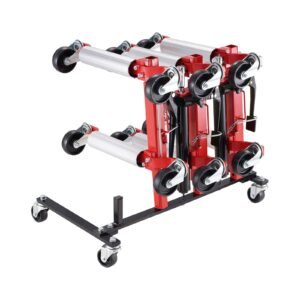 car dolly rack, storage rack with 360° rotatable wheels, hydraulic ratchet trolley jack stand organizer, jack stands holder storage rack, 4 dolly capacity, compatible with most dollies