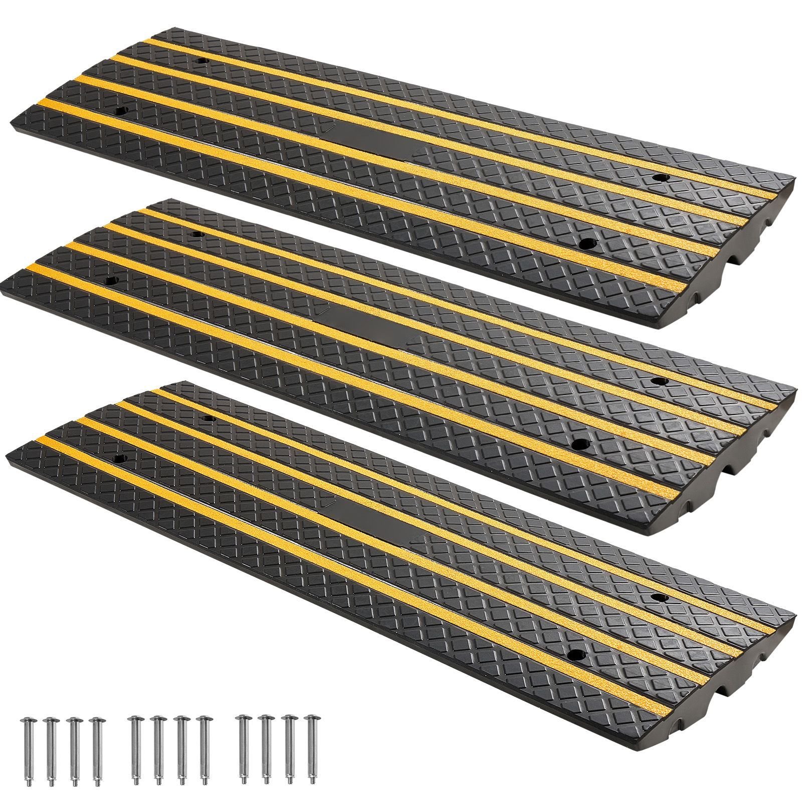 car driveway rubber curb ramp, 33069 lbs load capacity, 2.6 inch rise curbside bridge ramp with yellow reflective strips, suitable for loading dock, warehouse, garage, sidewalk (3 pack)