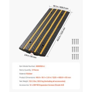 car driveway rubber curb ramp, 33069 lbs load capacity, 2.6 inch rise curbside bridge ramp with yellow reflective strips, suitable for loading dock, warehouse, garage, sidewalk (3 pack)