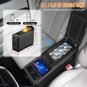car refrigerator, 12 volt car armrest refrigerator fridge, 8 l single zone portable freezer, 4 68 f adjustable range, 12/24v dc and 100 240v ac compressor cooler for outdoor, camping