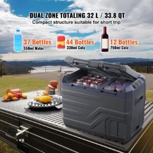 car refrigerator, 12 volt car refrigerator fridge, 32 l dual zone portable freezer, 4 68 f adjustable range, 12/24v dc and 100 240v ac compressor cooler for outdoor, camping, rv