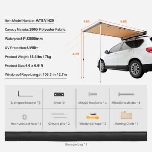 car side awning, large 4.6'x6.6' shade coverage vehicle awning, pu3000mm uv50+ retractable car awning with waterproof storage bag, suitable for truck, suv, van, campers