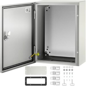 carbon steel electrical box, 16x12x6 inches, hinged cover, ip66 waterproof & dust resistant, suitable for outdoor use, includes mounting plate