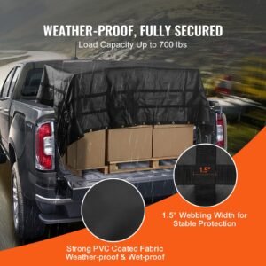 cargo net, 120 in x 105 in, heavy duty truck cargo net for truck bed, 4 adjustable straps with carabiners and rubber coated hooks, durable, suitable for pickup, jeep, truck, suv, boat (black)