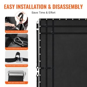 cargo net, 120 in x 105 in, heavy duty truck cargo net for truck bed, 4 adjustable straps with carabiners and rubber coated hooks, durable, suitable for pickup, jeep, truck, suv, boat (black)