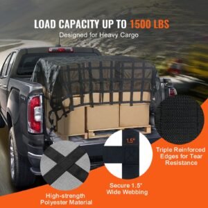 cargo net, 120 in x 105 in, heavy duty truck cargo net for truck bed, 4 adjustable straps with carabiners & s hooks, wear resistant & weather proof, suitable for pickup, truck, jeep, suv, boat