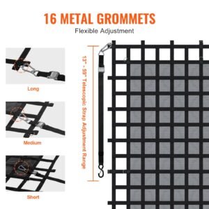 cargo net, 120 in x 105 in, heavy duty truck cargo net for truck bed, 4 adjustable straps with carabiners & s hooks, wear resistant & weather proof, suitable for pickup, truck, jeep, suv, boat