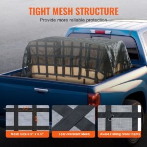 cargo net, 120 in x 105 in, heavy duty truck cargo net for truck bed, 4 adjustable straps with carabiners & s hooks, wear resistant & weather proof, suitable for pickup, truck, jeep, suv, boat