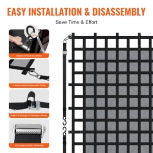 cargo net, 120 in x 105 in, heavy duty truck cargo net for truck bed, 4 adjustable straps with carabiners & s hooks, wear resistant & weather proof, suitable for pickup, truck, jeep, suv, boat