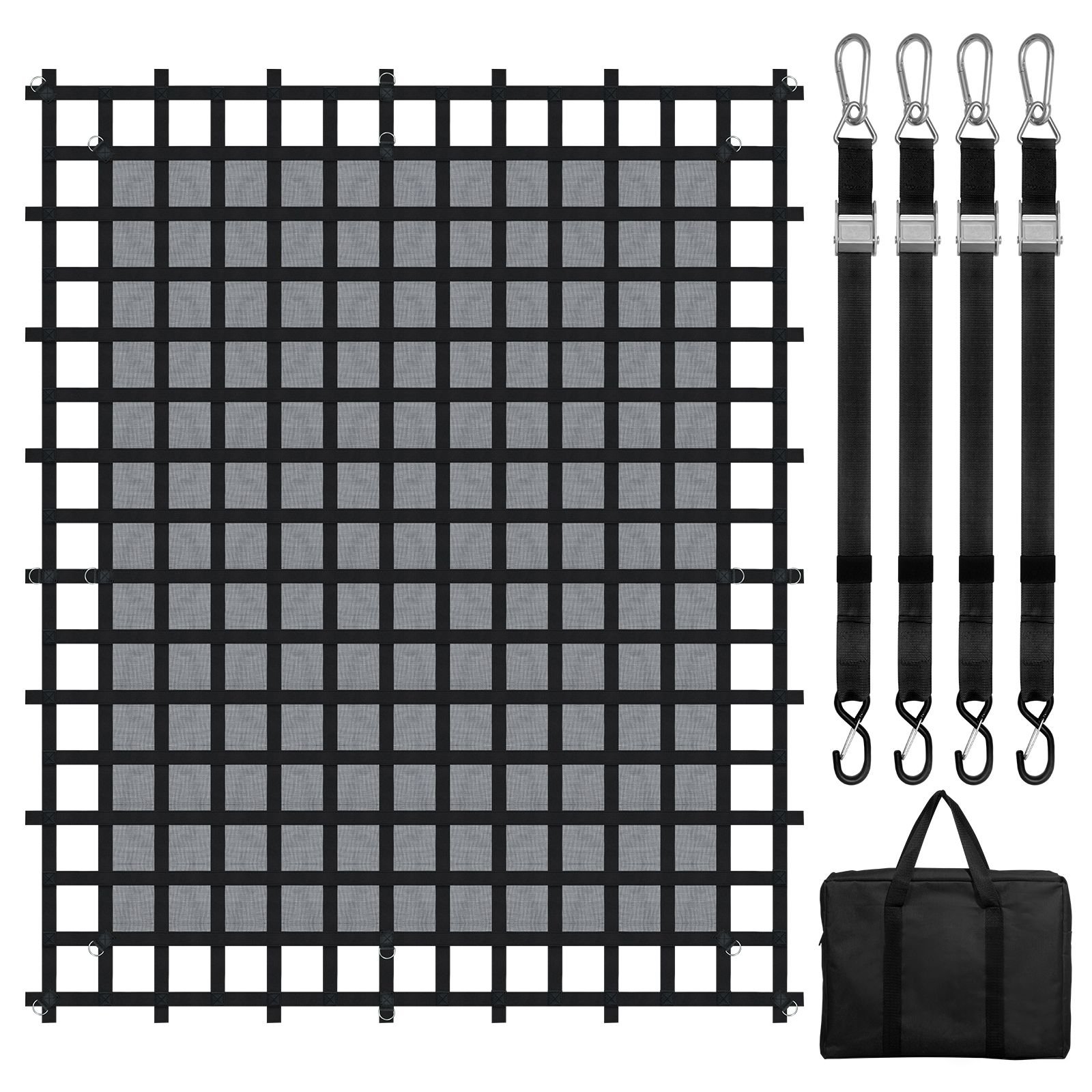 cargo net, 120 in x 105 in, heavy duty truck cargo net for truck bed, 4 adjustable straps with carabiners & s hooks, wear resistant & weather proof, suitable for pickup, truck, jeep, suv, boat