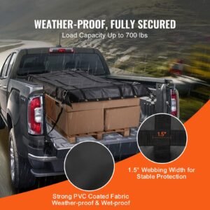 cargo net, 72 in x 57 in, heavy duty truck cargo net for truck bed, 4 adjustable straps with carabiners and rubber coated hooks, durable, suitable for pickup, jeep, truck, suv, boat (black)
