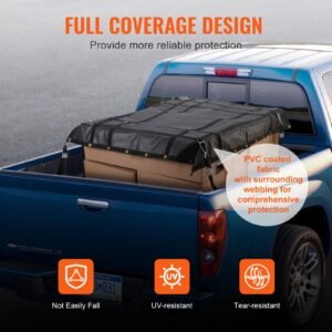 cargo net, 72 in x 57 in, heavy duty truck cargo net for truck bed, 4 adjustable straps with carabiners and rubber coated hooks, durable, suitable for pickup, jeep, truck, suv, boat (black)