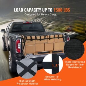 cargo net, 72 in x 57 in, heavy duty truck cargo net for truck bed, 4 adjustable straps with carabiners & s hooks, wear resistant & weather proof, suitable for pickup, truck, jeep, suv, boat